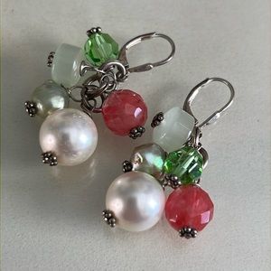 925 Pink and Green Pearl Dangle Earrings
